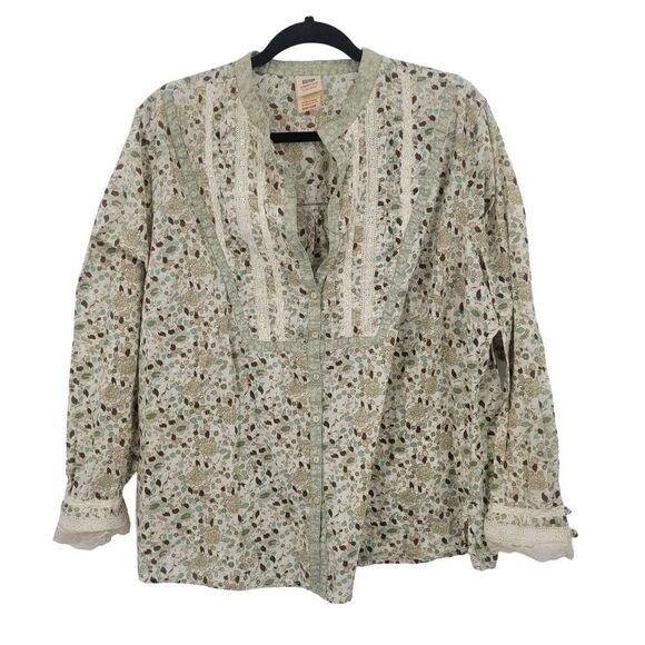 Vintage Ditsy Floral Blouse 18W/20W Green Lace Bib Button Boho Cottagecore - Picture 1 of 12
